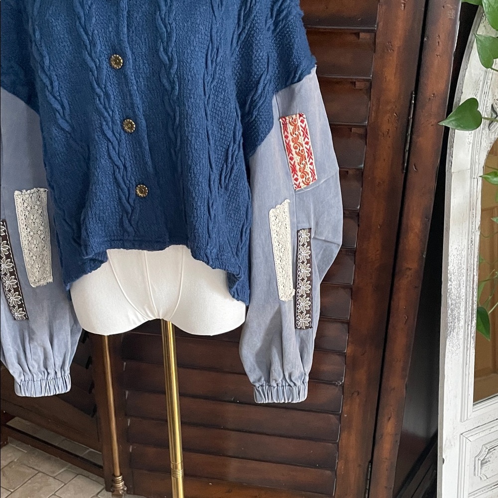 POL Blue and Gray Cable Knit Button-Up Sweater Jacket Large Oversized Gorgeous - Picture 7 of 9